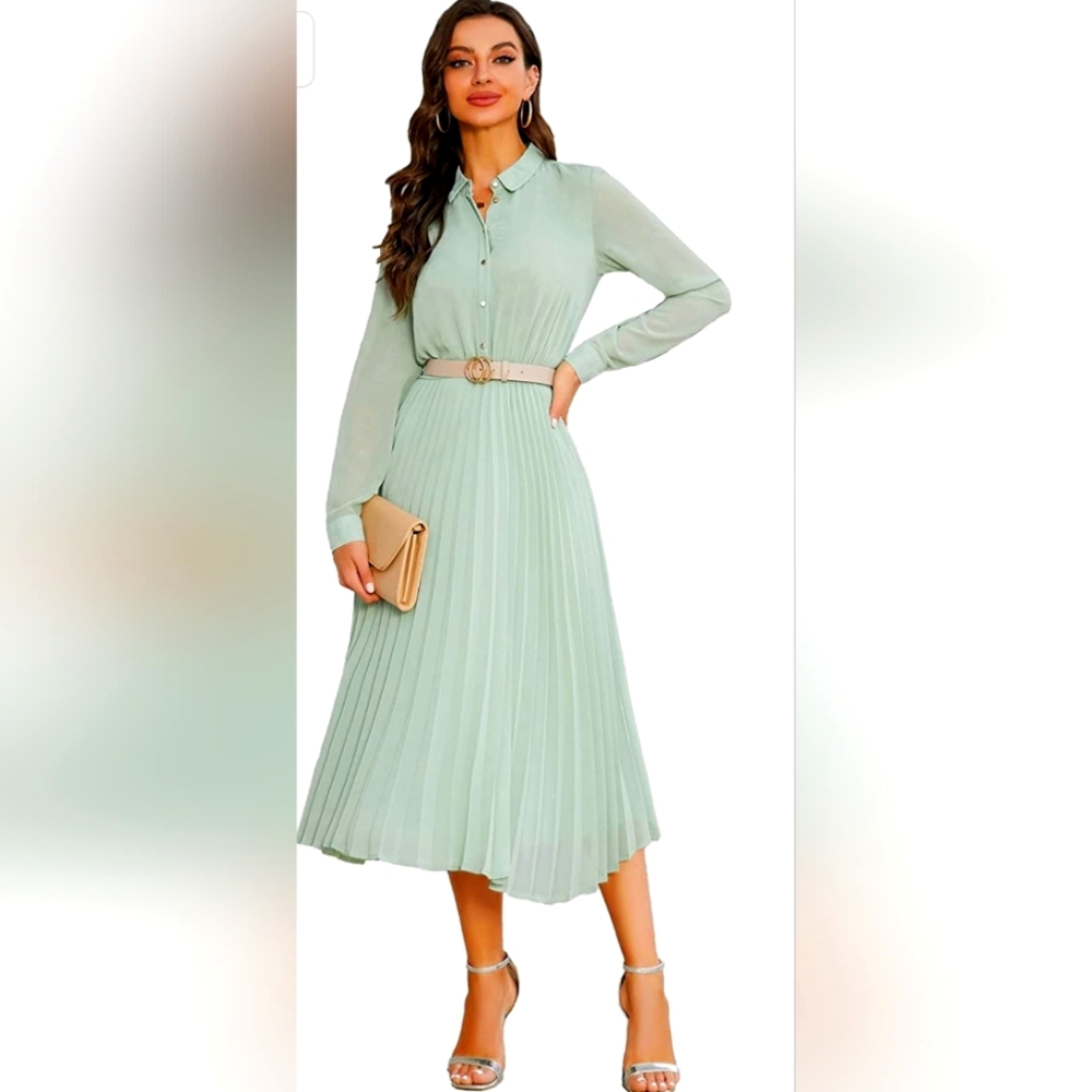 AbleTree Business Casual Shirt Dress for Women Long Sleeves Pleated Midi Dresses